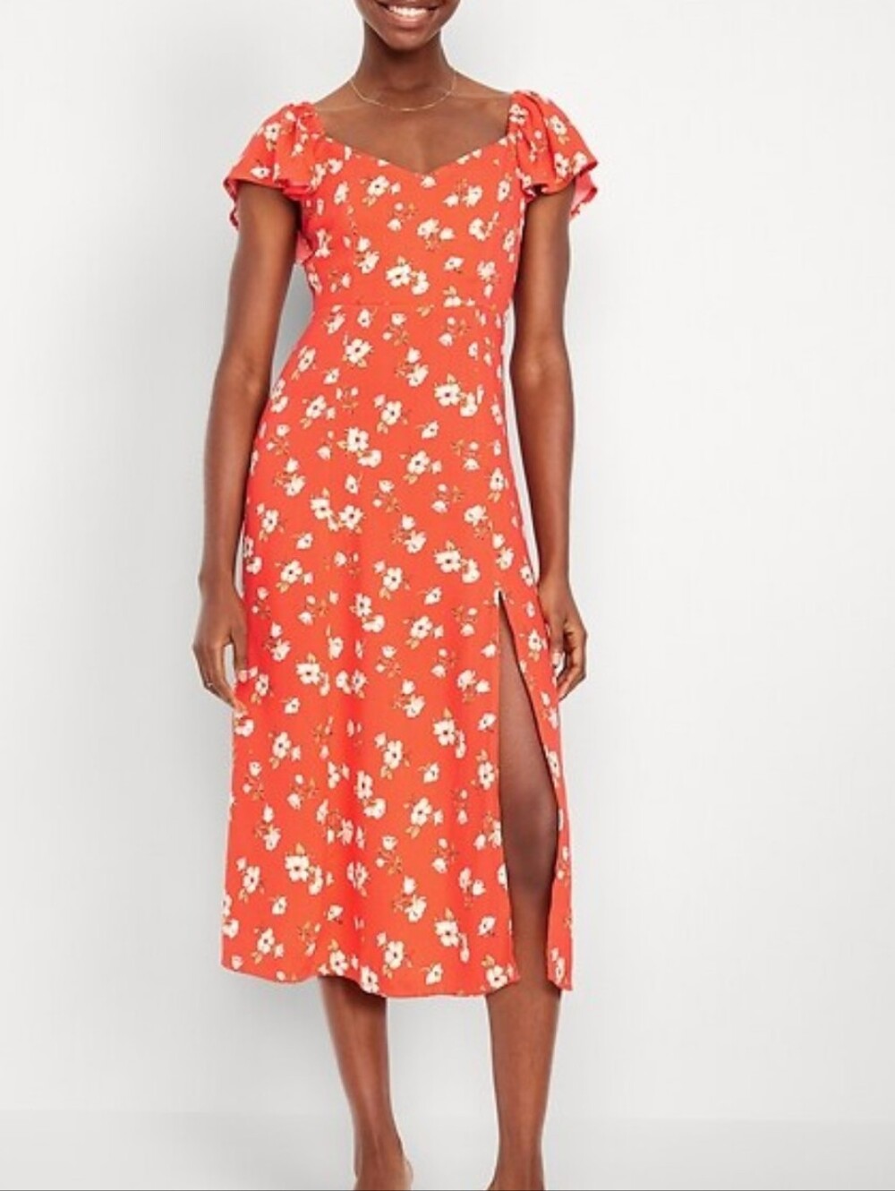 Old Navy Red Orange Flutter Sleeve Floral Midi Dress Medium